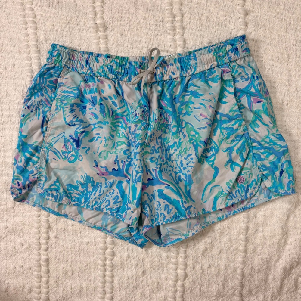 Lilly Pulitzer Ocean Trail Board Shorts Blue Turquoise Aquatic Print Womens L